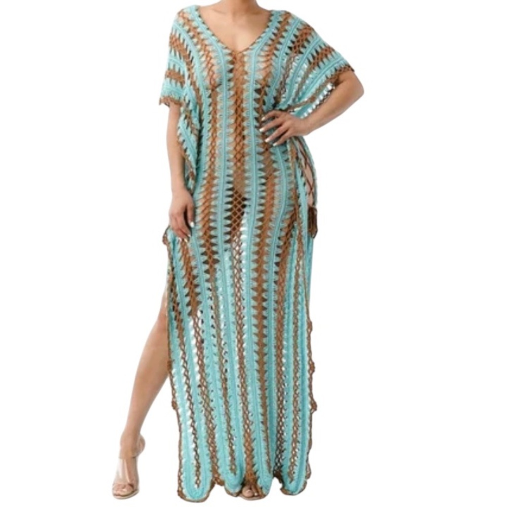 Crochet Tunic,coverup,Turquoise,brown dress,Bohemian,Swim,M/L,New - Picture 2 of 12